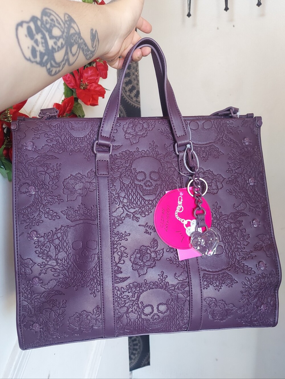 Betsey Johnson Plum Purple Halloween Skull Embossed XL Tote NWT🔮🌌💜